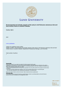 Environmental and Climatic Aspects of the Early to Mid Holocene Calcareous Tufa and Land Mollusc Fauna in Southern Sweden Gedda