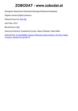 A New Middle Triassic (Pelsonian) Plant Locality in the Non Valley (Trentino, Northern Ita Ly) 60-73 Geo.Alp, Vol