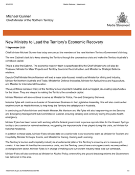 New Ministry to Lead the Territory's Economic Recovery