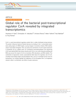 Global Role of the Bacterial Post-Transcriptional Regulator Csra Revealed by Integrated Transcriptomics