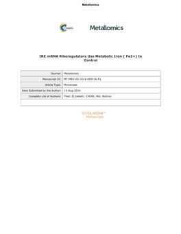 IRE Mrna Riboregulators Use Metabolic Iron ( Fe2+) to Control