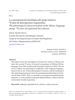 La Caracterización Fonológica Del Grupo Mixteco