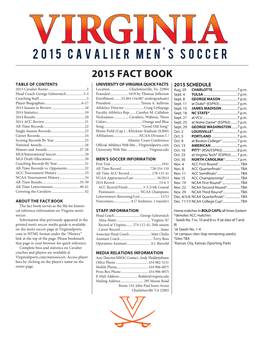 2015 FACT BOOK Table of Contents University of Virginia Quick Facts 2015 SCHEDULE 2015 Cavalier Roster