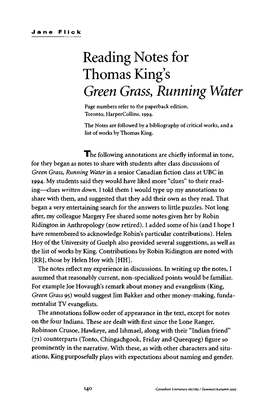 Reading Notes for Thomas King's Green Grass, Running Water Page Numbers Refer to the Paperback Edition, Toronto, Harpercollins, 1994