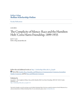 Race and the Hamilton Holt/Corra Harris Friendship, 1899-1935 Jack C