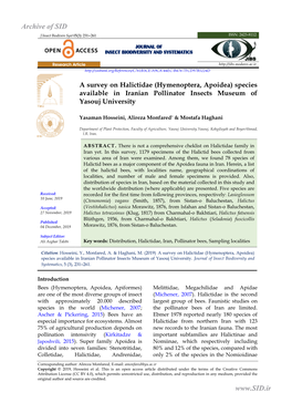 A Survey on Halictidae (Hymenoptera, Apoidea) Species Available in Iranian Pollinator Insects Museum of Yasouj University