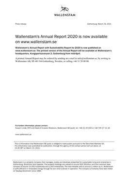 Wallenstam's Annual Report 2020 Is Now Available On