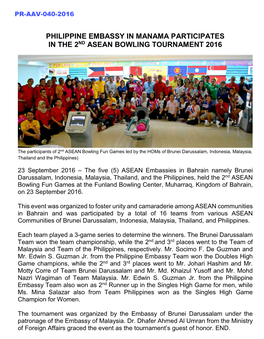 Philippine Embassy in Manama Participates in the 2Nd Asean Bowling Tournament 2016