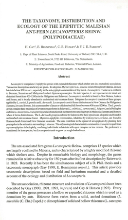 The Taxonomy, Distribution and Ecology of the Epiphytic Malesian Ant-Fern Lecanopteris Reinw