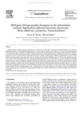 Multigenic Phylogeographic Divergence in the Paleoendemic Southern Appalachian Opilionid Fumontana Deprehendor Shear (Opiliones, Laniatores, Triaenonychidae)