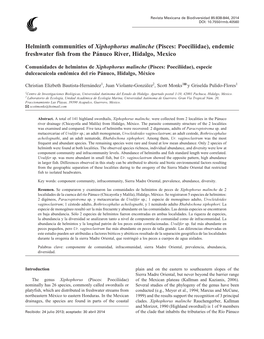 Helminth Communities of Xiphophorus Malinche (Pisces: Poeciliidae), Endemic Freshwater Fish from the Pánuco River, Hidalgo, Mexico