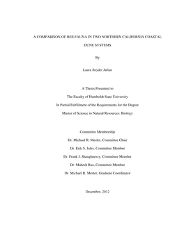 A Comparison of Bee Fauna in Two Northern California Coastal