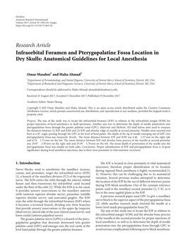 Research Article Infraorbital Foramen and Pterygopalatine Fossa Location in Dry Skulls: Anatomical Guidelines for Local Anesthesia