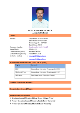 Dr. R. MANGALESWARAN Associate Professor