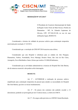 RESOLUÇÃO Nº 147/2017 O Presidente Do Consórcio