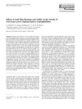 Effects of Acid Mine Drainage and Acidity on the Activity of Choroterpes Picteti (Ephemeroptera: Leptophlebiidae)