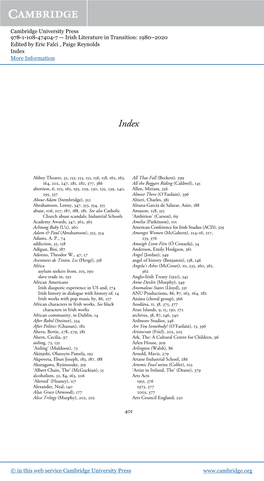 Cambridge University Press 978-1-108-47404-7 — Irish Literature in Transition: 1980–2020 Edited by Eric Falci , Paige Reynolds Index More Information