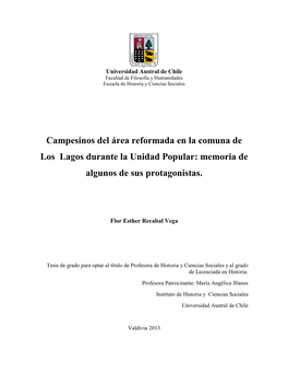 Campesinos Del Área Reformada En La Comuna De Los Lagos Durante La Unidad Popular: Memoria De Algunos De Sus Protagonistas