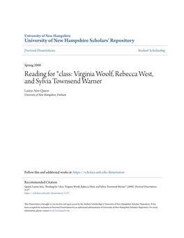 Virginia Woolf, Rebecca West, and Sylvia Townsend Warner Laurie Ann Quinn University of New Hampshire, Durham