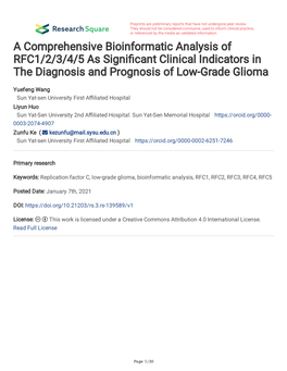 A Comprehensive Bioinformatic Analysis of RFC1/2/3/4/5 As Signifcant Clinical Indicators in the Diagnosis and Prognosis of Low-Grade Glioma