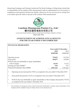 Lanzhou Zhuangyuan Pasture Co., Ltd.* 蘭州莊園牧場股份有限公司 (A Joint Stock Limited Liability Company Incorporated in the People’S Republic of China) (Stock Code: 1533)