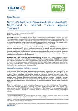 Nicox's Partner Fera Pharmaceuticals to Investigate Naproxcinod As Potential Covid-19 Adjuvant Treatment