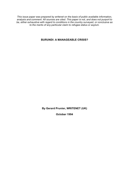 Burundi: a Manageable Crisis?