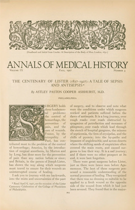The Centenary of Lister (1827-1927): a Tale of Sepsis and Antisepsis*