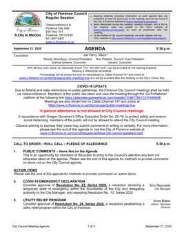 Agenda Item Are Regular Session Published at Least 24 Hours Prior to the Meeting, and Can Be Found of the City of Florence Website At