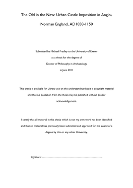 Urban Castle Imposition in Anglo- Norman England, AD1050-1150