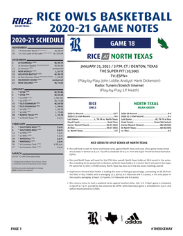 RICE OWLS BASKETBALL 2020-21 GAME NOTES 2020-21 SCHEDULE GAME 18 NOVEMBER 27 1 at Incarnate Word Stretch Internet W, 68-53 28 1 Vs