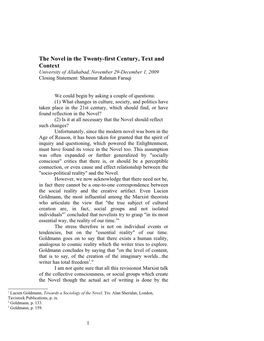 The Novel in the Twenty-First Century, Text and Context University of Allahabad, November 29-December 1, 2009 Closing Statement: Shamsur Rahman Faruqi