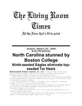 North Carolina Stunned by Boston College Ninth-Seeded Eagles Eliminate Top- Seeded Tar Heels Associated Press- LANDOVER, Md