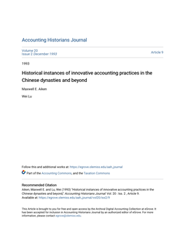 Historical Instances of Innovative Accounting Practices in the Chinese Dynasties and Beyond