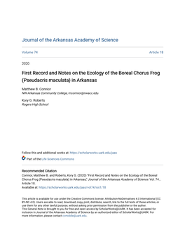 First Record and Notes on the Ecology of the Boreal Chorus Frog (Pseudacris Maculata) in Arkansas