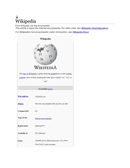 Wikipedia from Wikipedia, the Free Encyclopedia This Article Is About the Internet Encyclopedia