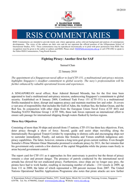 RSIS COMMENTARIES RSIS Commentaries Are Intended to Provide Timely And, Where Appropriate, Policy Relevant Background and Analysis of Contemporary Developments