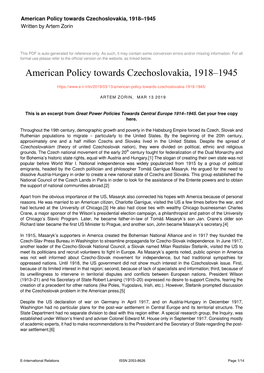 American Policy Towards Czechoslovakia, 1918–1945 Written by Artem Zorin