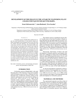 Development of the Pollen in the Antarctic Flowering Plant Colobanthus Quitensis (Kunth) Bartl