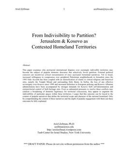 Jerusalem & Kosovo As Contested Homeland Territories