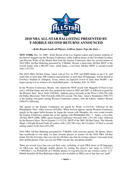 2010 Nba All-Star Balloting Presented by T-Mobile Second Returns Announced