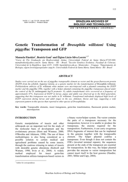 Genetic Transformation of Drosophila Willistoni Using Piggybac Transposon and GFP