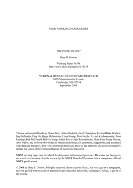 NBER WORKING PAPER SERIES the PANIC of 2007 Gary B