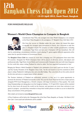 Women's World Chess Champion to Compete in Bangkok