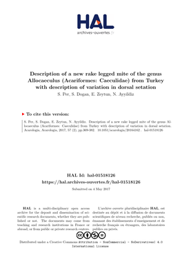 Acariformes: Caeculidae) from Turkey with Description of Variation in Dorsal Setation S