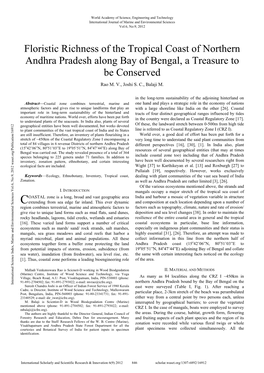 Floristic Richness of the Tropical Coast of Northern Andhra Pradesh Along Bay of Bengal, a Treasure to Be Conserved Rao M