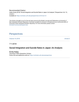 Social Integration and Suicide Rates in Japan: an Analysis," Perspectives: Vol
