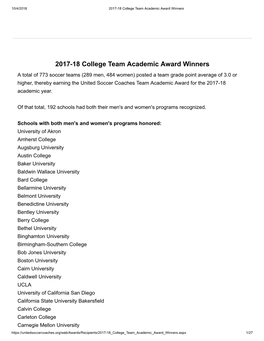 2017-18 College Team Academic Award Winners