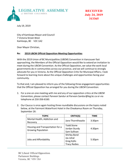 LEGISLATIVE ASSEMBLY RECEIVED of BRITISH COLUMBIA July 24, 2019 313365