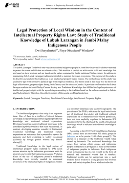 Study of Traditional Knowledge of Lubuk Larangan in Jambi Malay Indigenous People Dwi Suryahartati1*, Firya Oktaviarni2 Windarto3